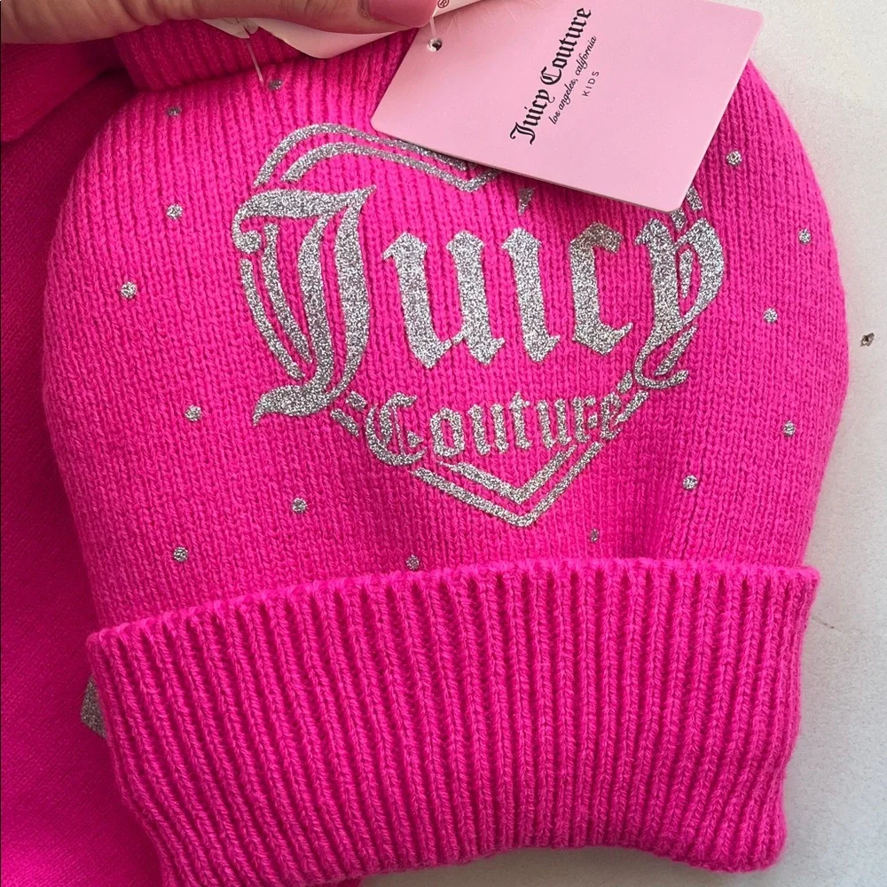 Juicy Couture Pink and Silver Kids Hat, scarf, and Glove Set